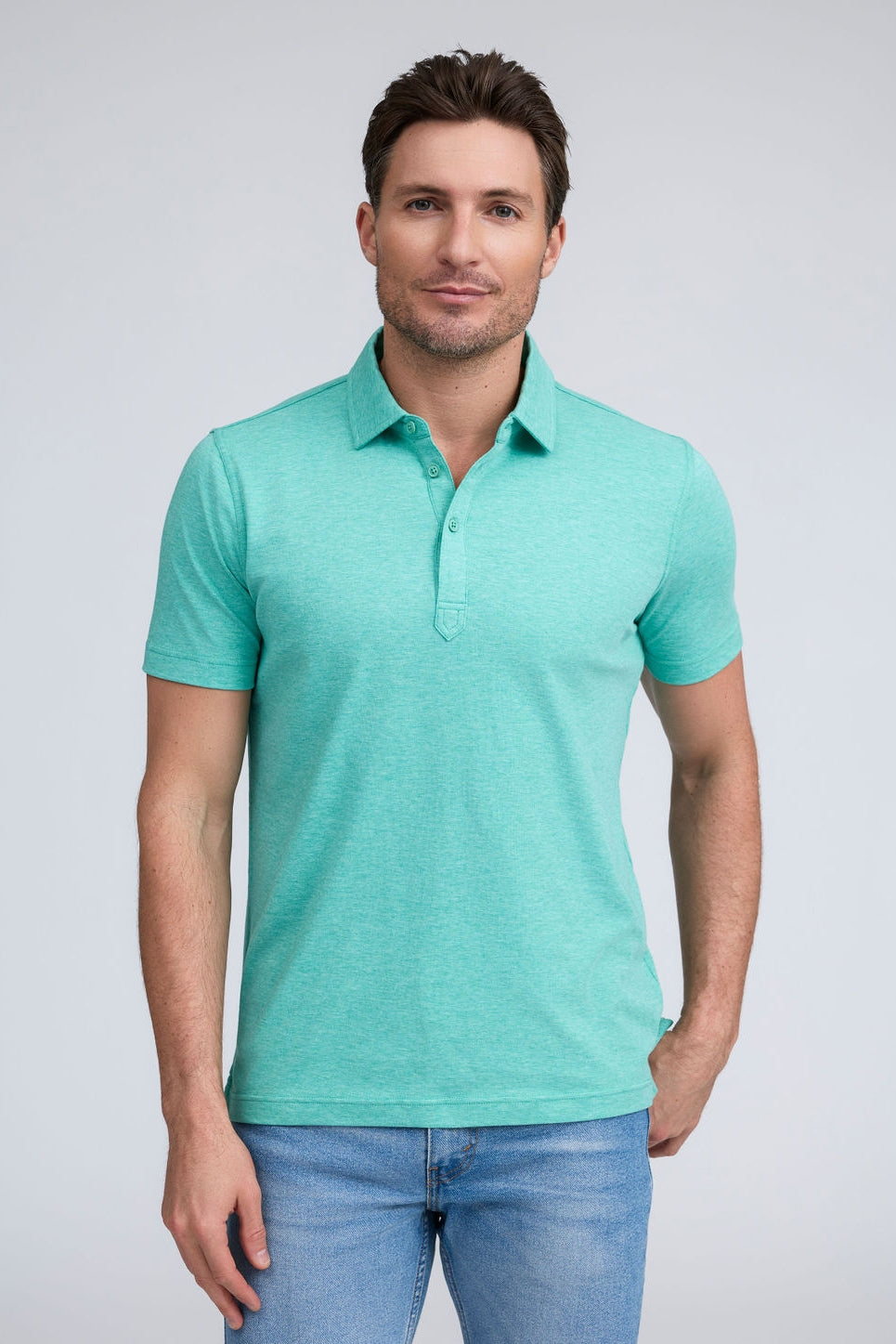 Raffi Sherwood Core Aqua Cotton 3-Button Short Sleeve Polo